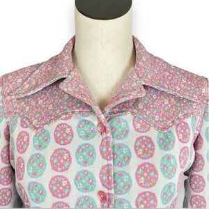 Vintage 1970s Western Shirt Dagger Collar Pastel Polka Dots Floral Women‎ Retro